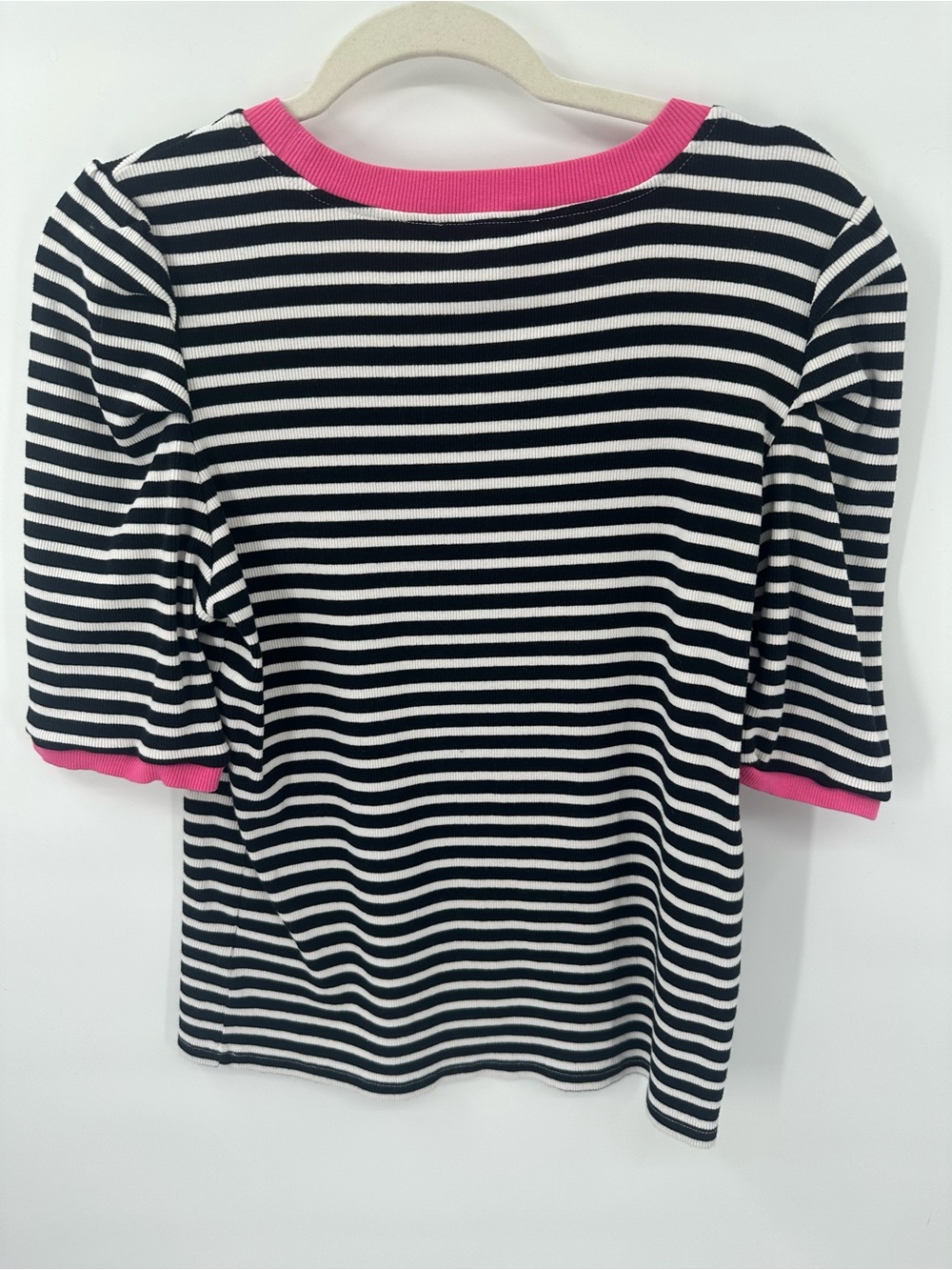 Rebecca Minkoff Ribbed Striped Puff Sleeve Top Large Black White Pink Cotton Str - Picture 3 of 9